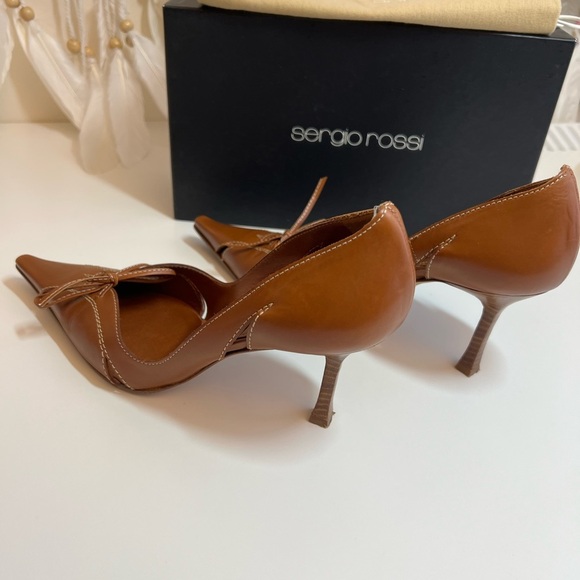 Sergio Rossi Tan Leather Pointed Toe High Wooden Stiletto Heels - Picture 8 of 15